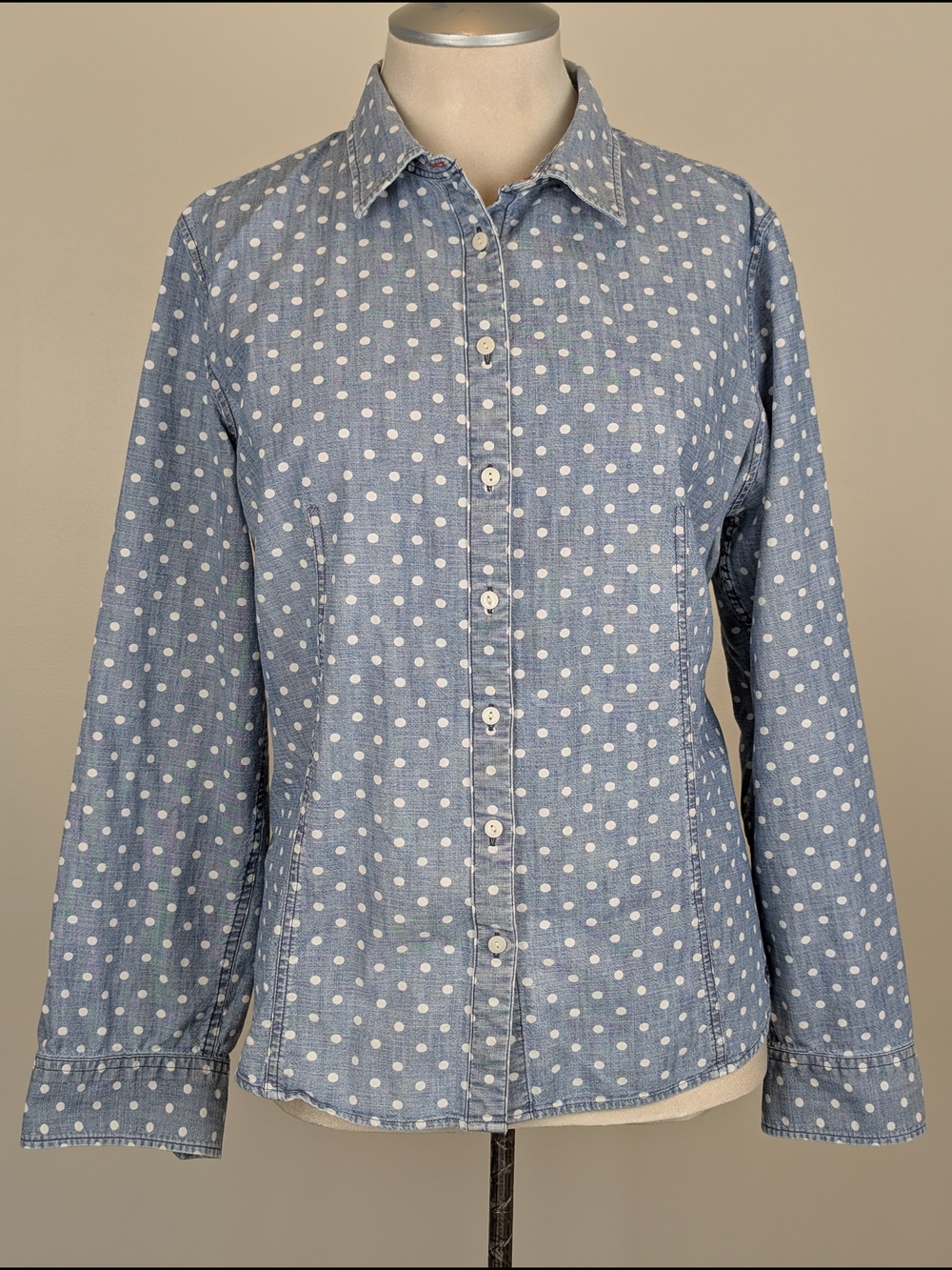 Talbots Light Blue Polka Dot Chambray Roll Tab Sleeve Button-Down Women's 14